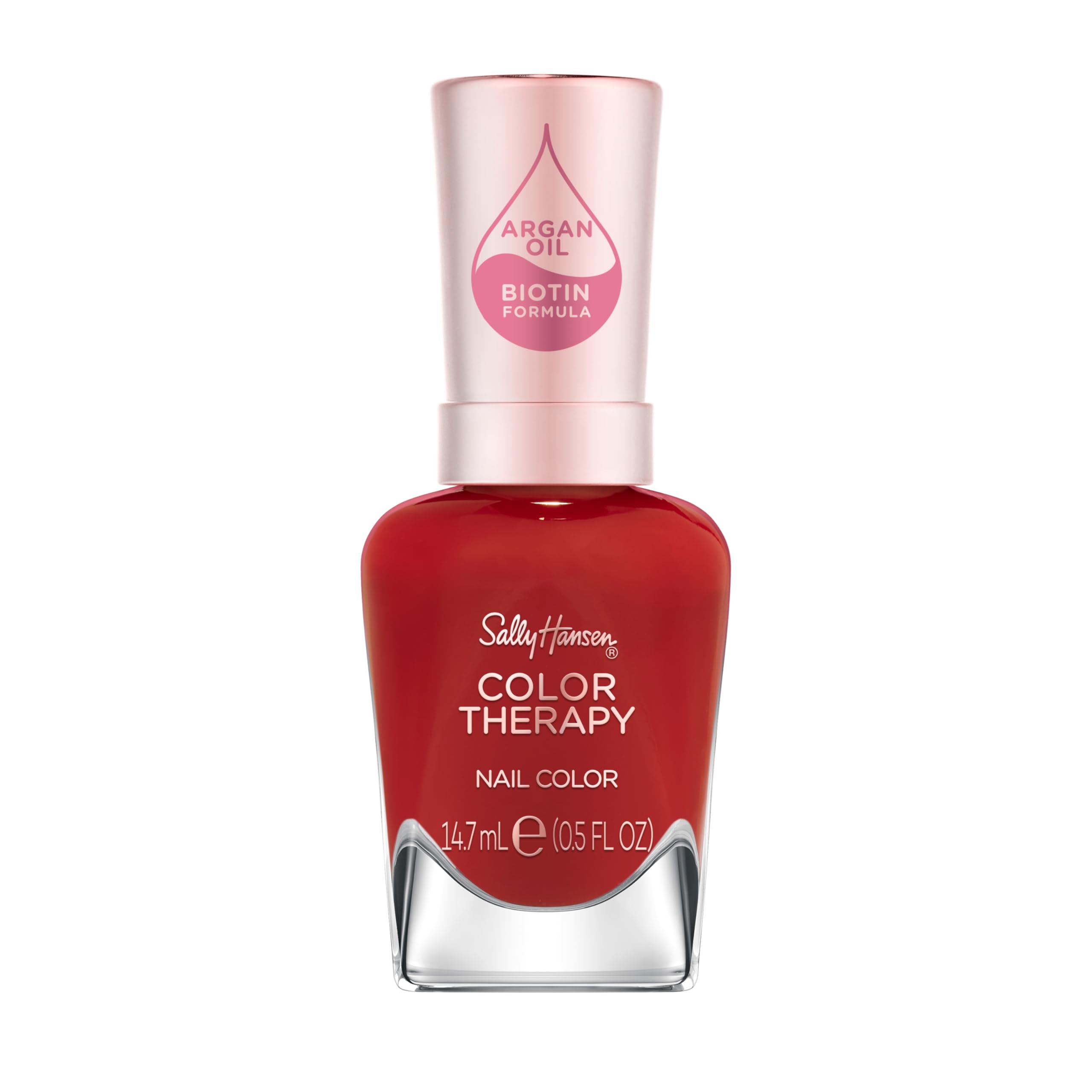 Sally Hansen bottle front view showing bright red polish and nourishing benefits