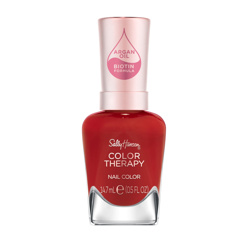 Sally Hansen bottle front view showing bright red polish and nourishing benefits