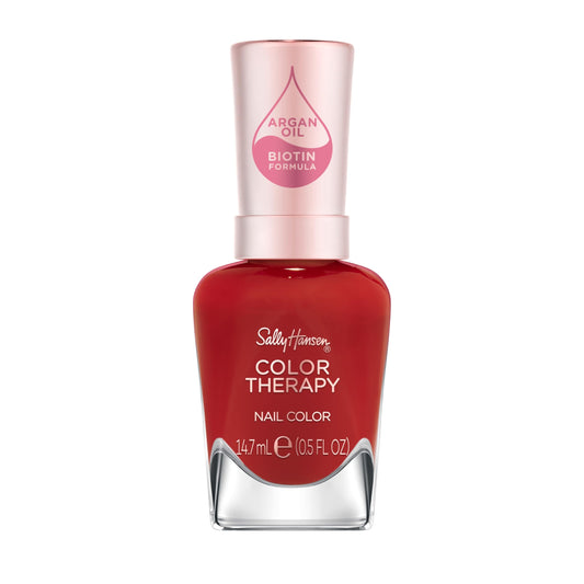 Sally Hansen bottle front view showing bright red polish and nourishing benefits