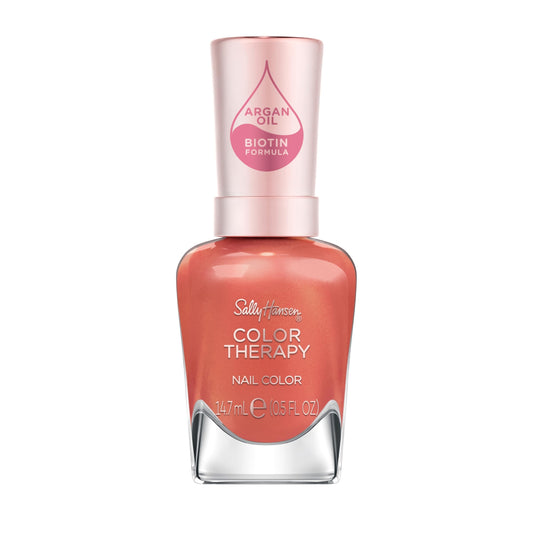 Sally Hansen front bottle showing coral shade and glossy finish benefit