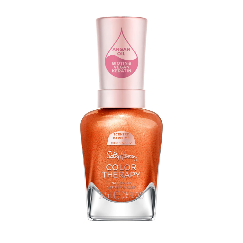 Sally Hansen front bottle view showing bright burnt orange polish and glossy finish