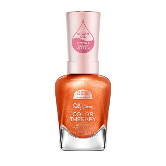 Sally Hansen front bottle view showing bright burnt orange polish and glossy finish