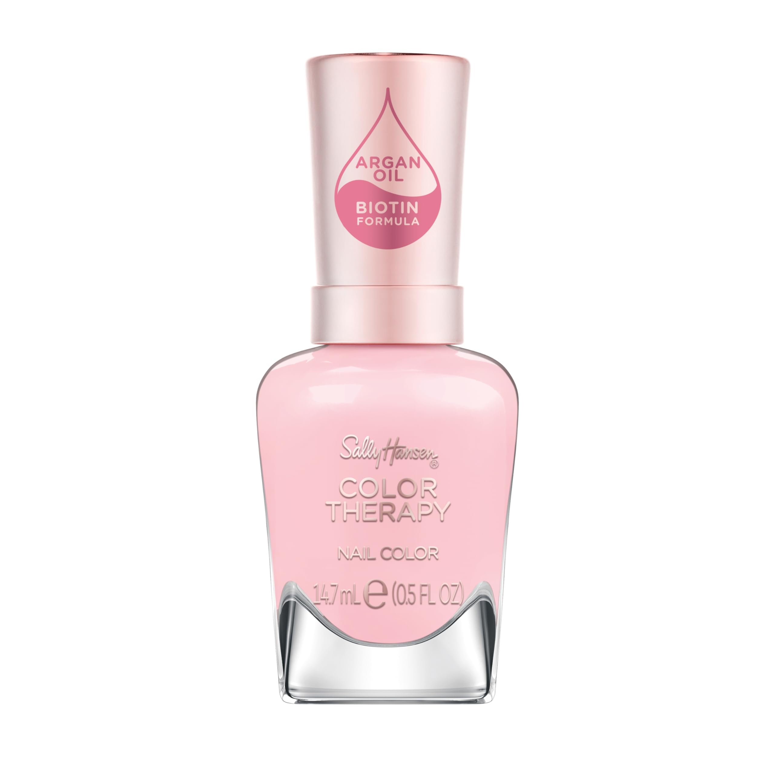 Sally Hansen front bottle showing ivory-pink shade and glossy finish benefits