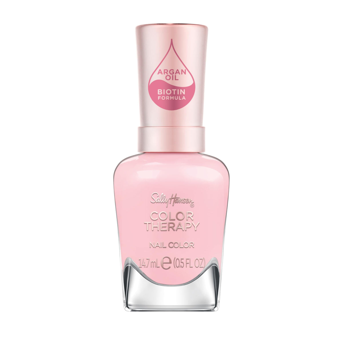 Sally Hansen front bottle showing ivory-pink shade and glossy finish benefits