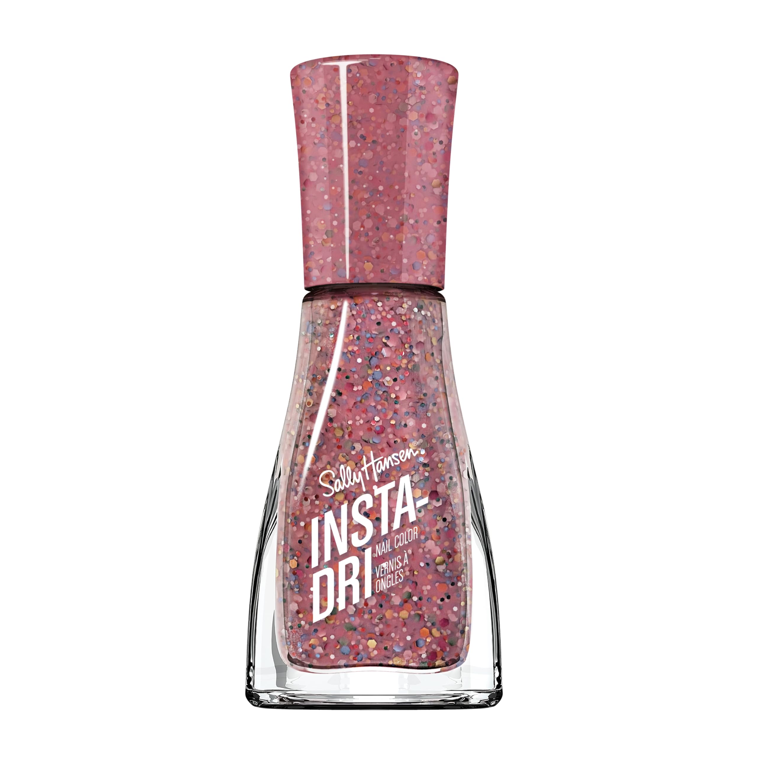 Sally Hansen Confetti Pop front bottle showing pink glitter polish and glossy finish