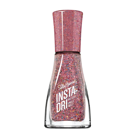 Sally Hansen Confetti Pop front bottle showing pink glitter polish and glossy finish