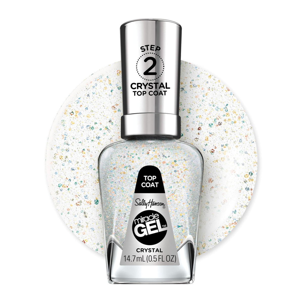 Sally Hansen bottle front view showing Crystal Top Coat benefits