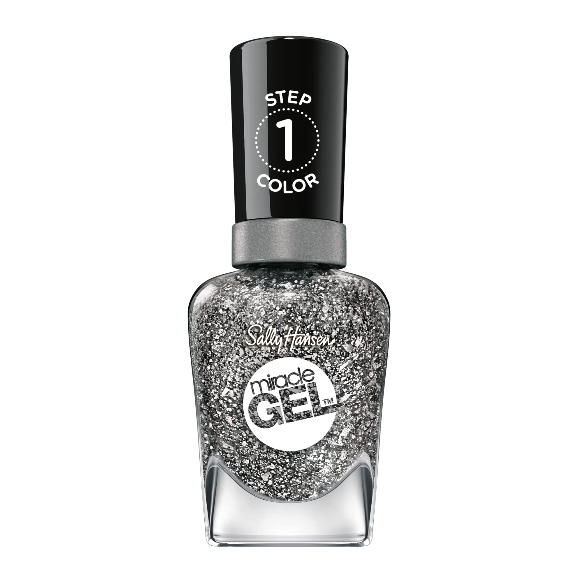 Sally Hansen front packaging showing Deep Sea Diamond silver glitter polish benefit durable shine