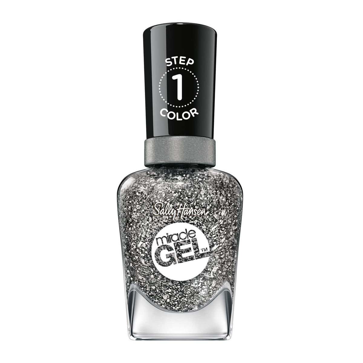 Sally Hansen front packaging showing Deep Sea Diamond silver glitter polish benefit durable shine