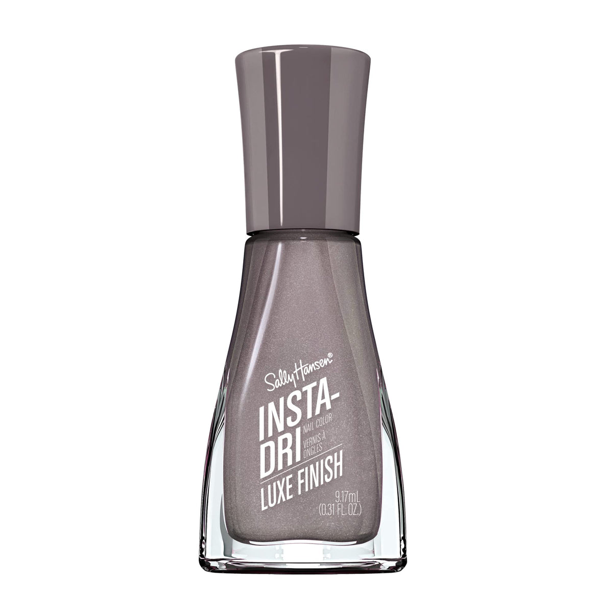 Sally Hansen bottle front view showing cool gray color and luxe finish benefit
