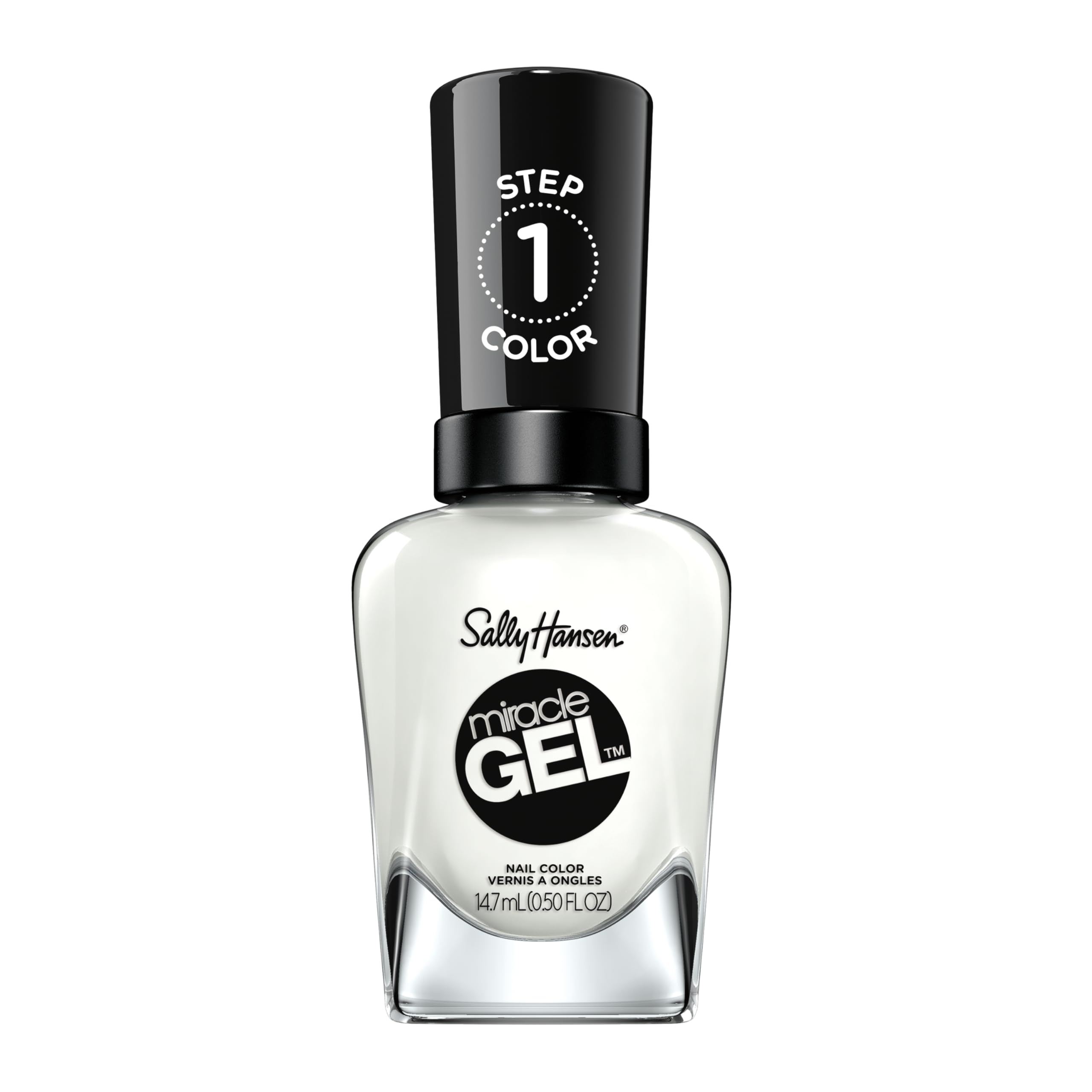 Sally Hansen bottle front view showing glossy white polish benefit long-lasting shine