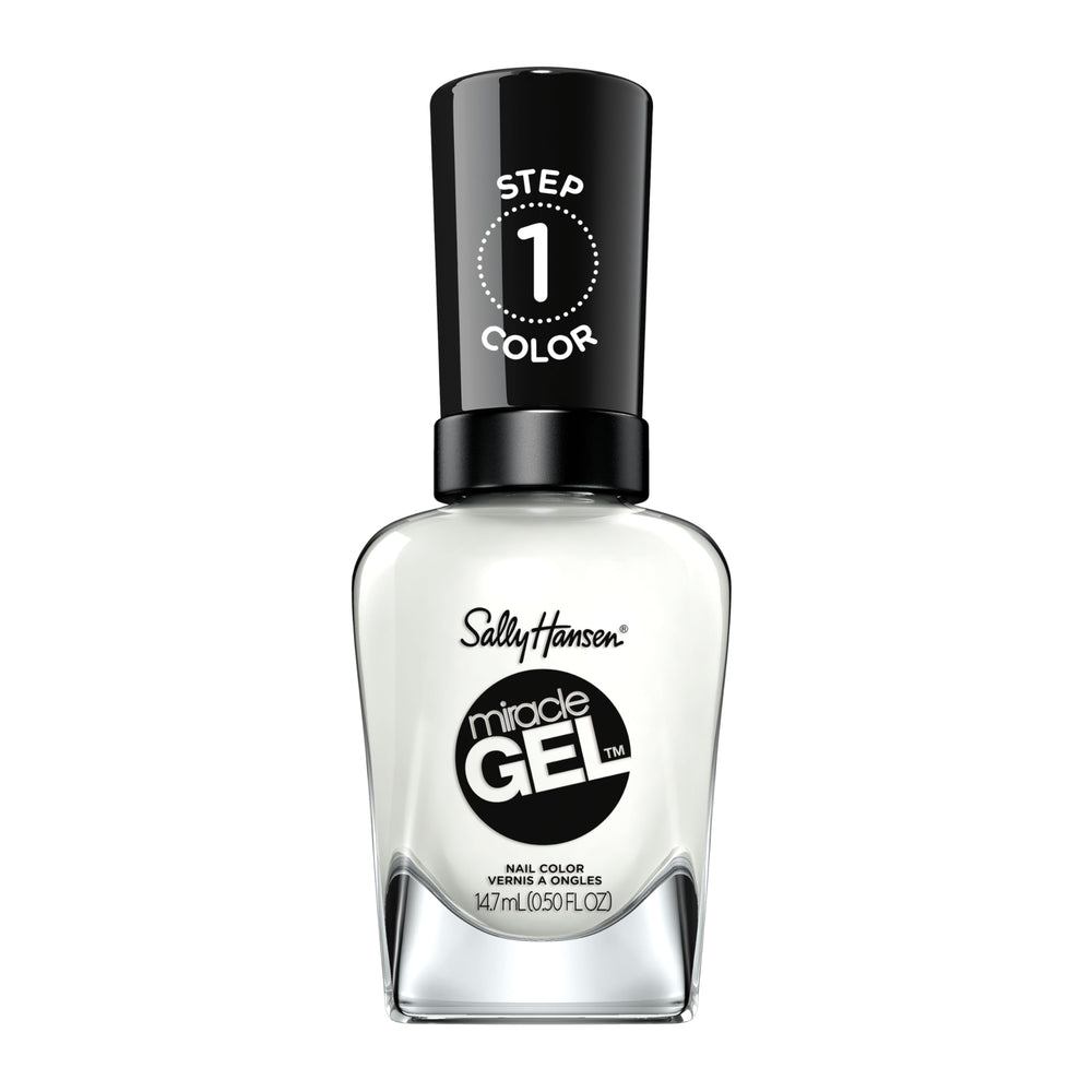 Sally Hansen bottle front view showing glossy white polish benefit long-lasting shine