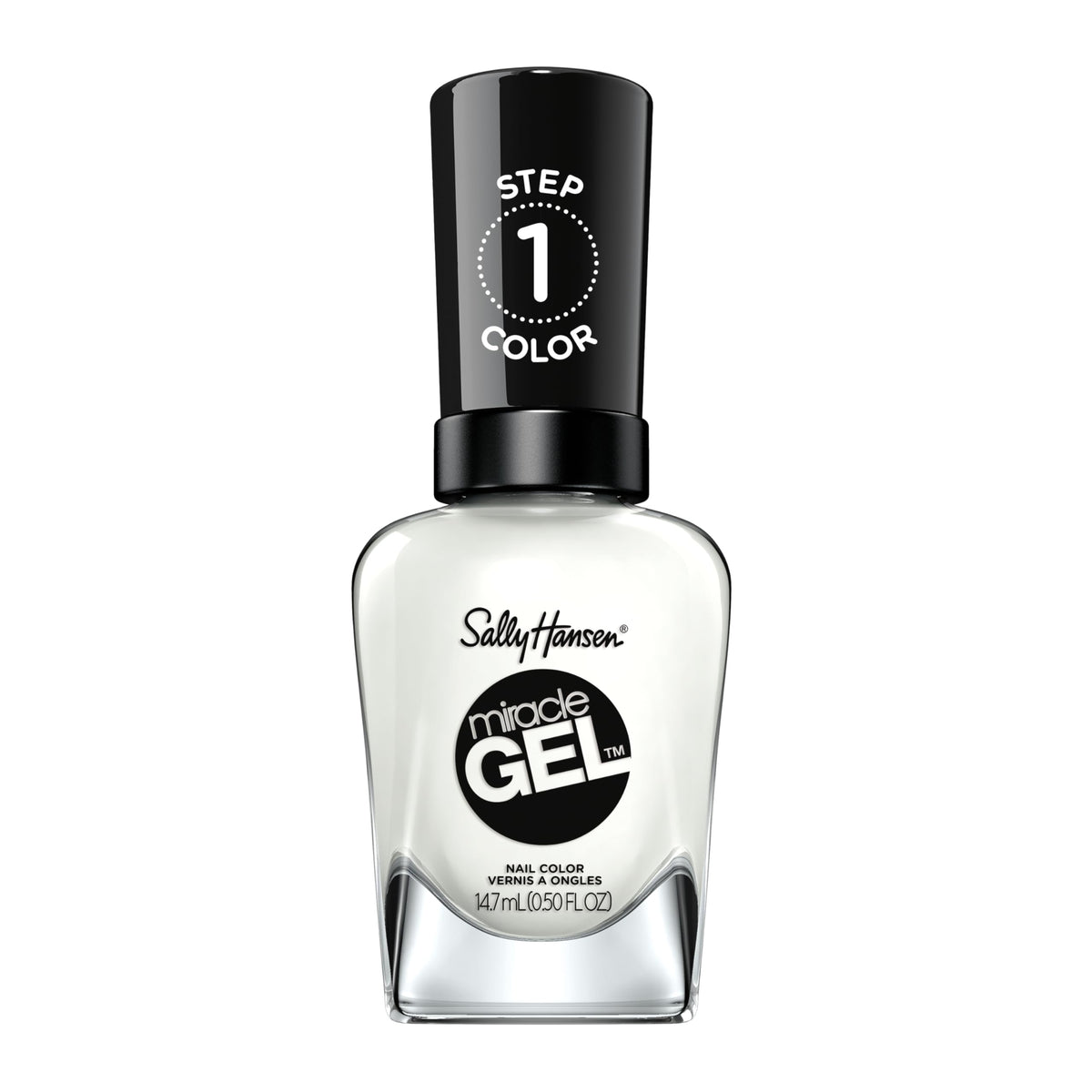 Sally Hansen bottle front view showing glossy white polish benefit long-lasting shine