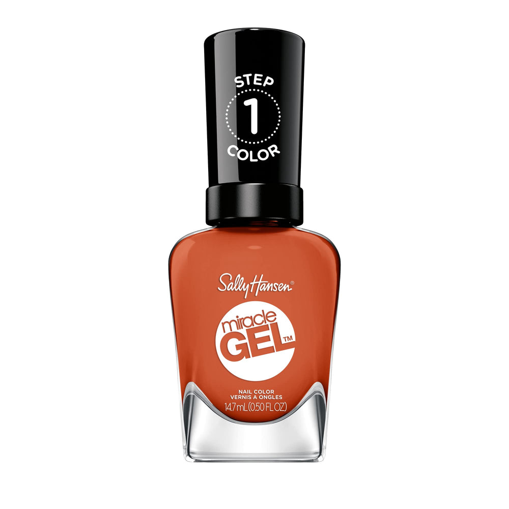 Sally Hansen bottle front view showing burnt orange polish and brand for vibrant color payoff