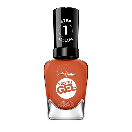 Sally Hansen bottle front view showing burnt orange polish and brand for vibrant color payoff