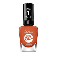 Sally Hansen bottle front view showing burnt orange polish and brand for vibrant color payoff