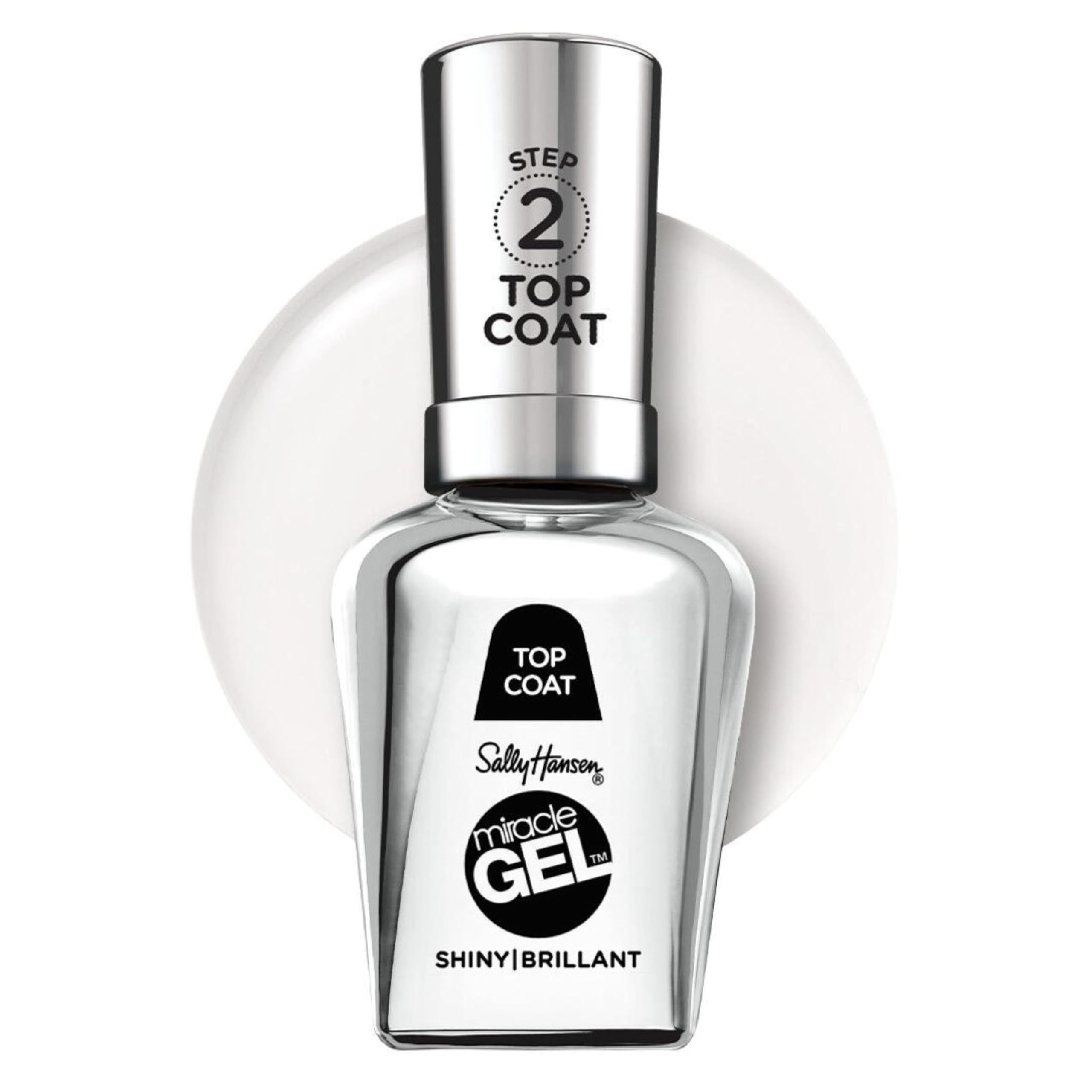 Sally Hansen front packaging showing clear top coat and benefit of salon shine