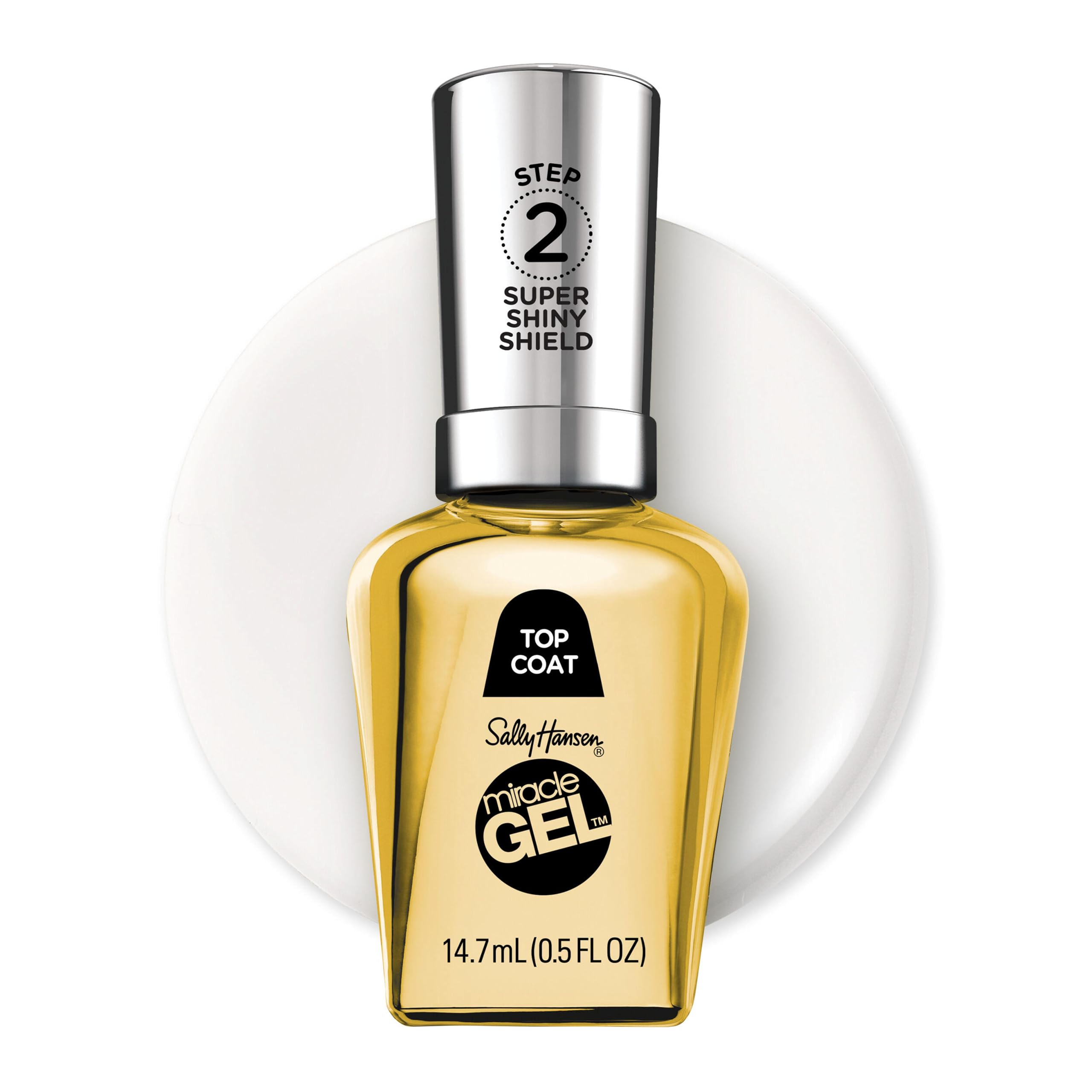 Sally Hansen front bottle shot showing glossy top coat and clear branding benefit shine