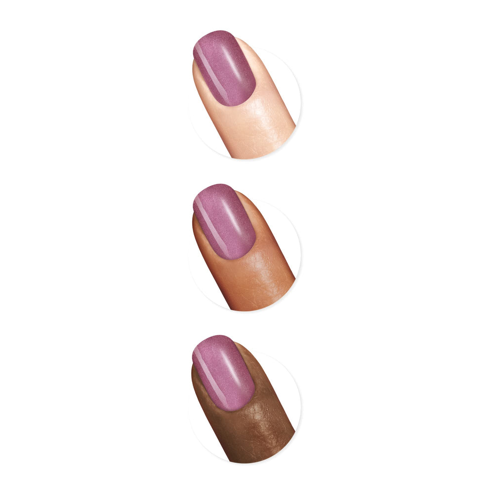 Sally Hansen swatch on nails showing frosted amethyst shimmer and long-lasting shine benefit