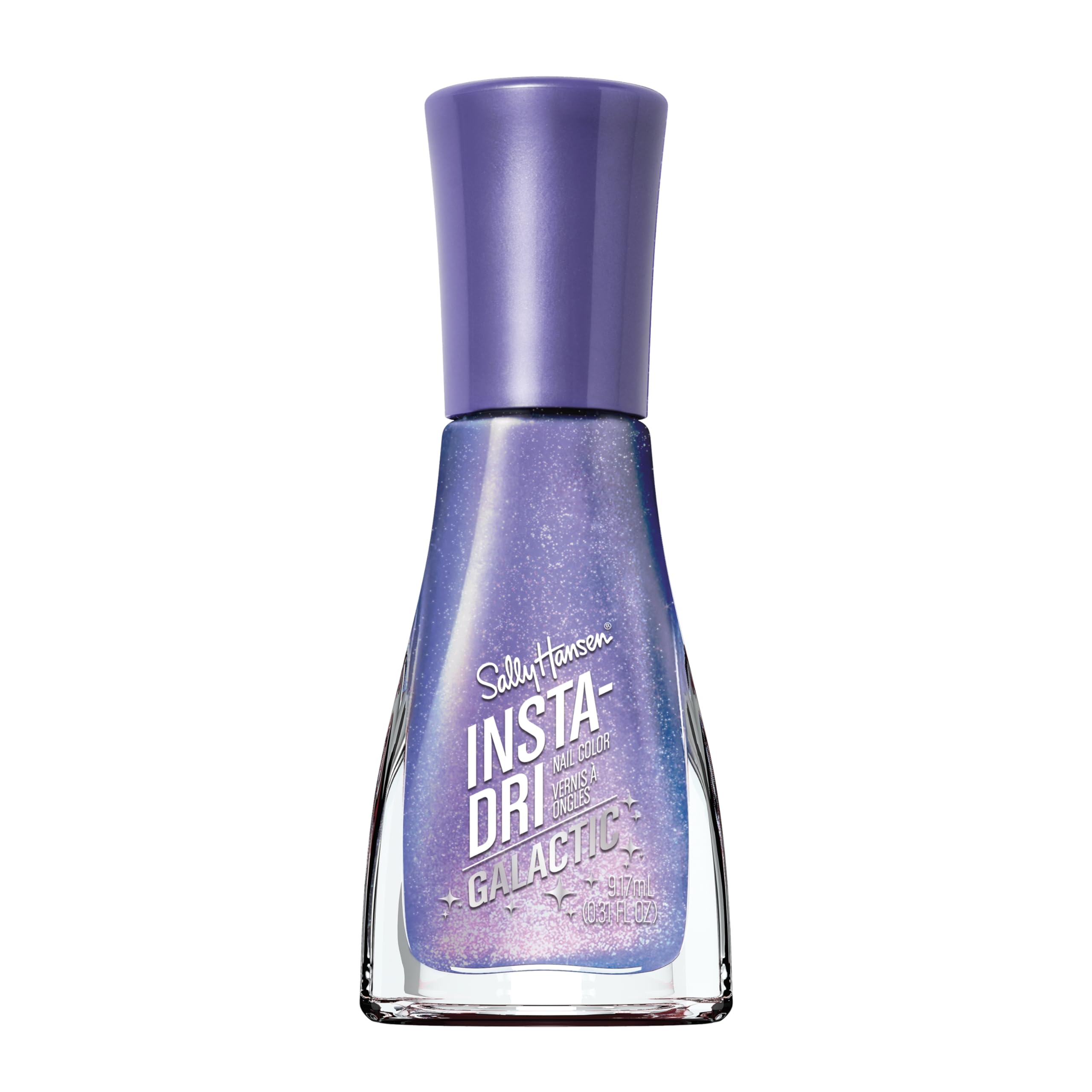 Sally Hansen bottle front view showing holographic blue-purple shade and quick-dry benefit