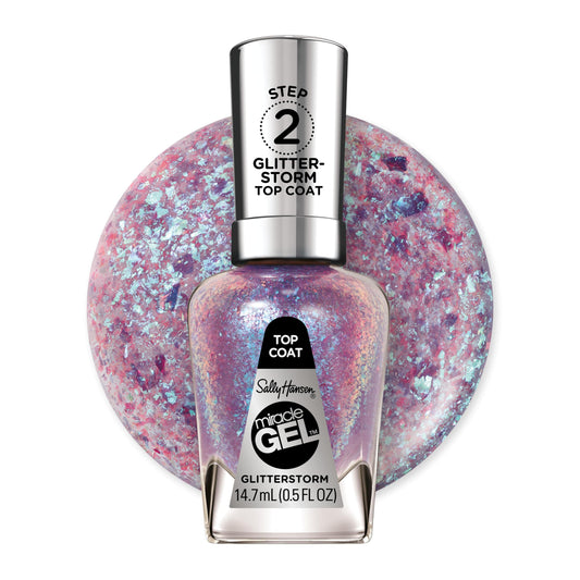 Sally Hansen bottle front view showing Glitterstorm finish and brand benefit