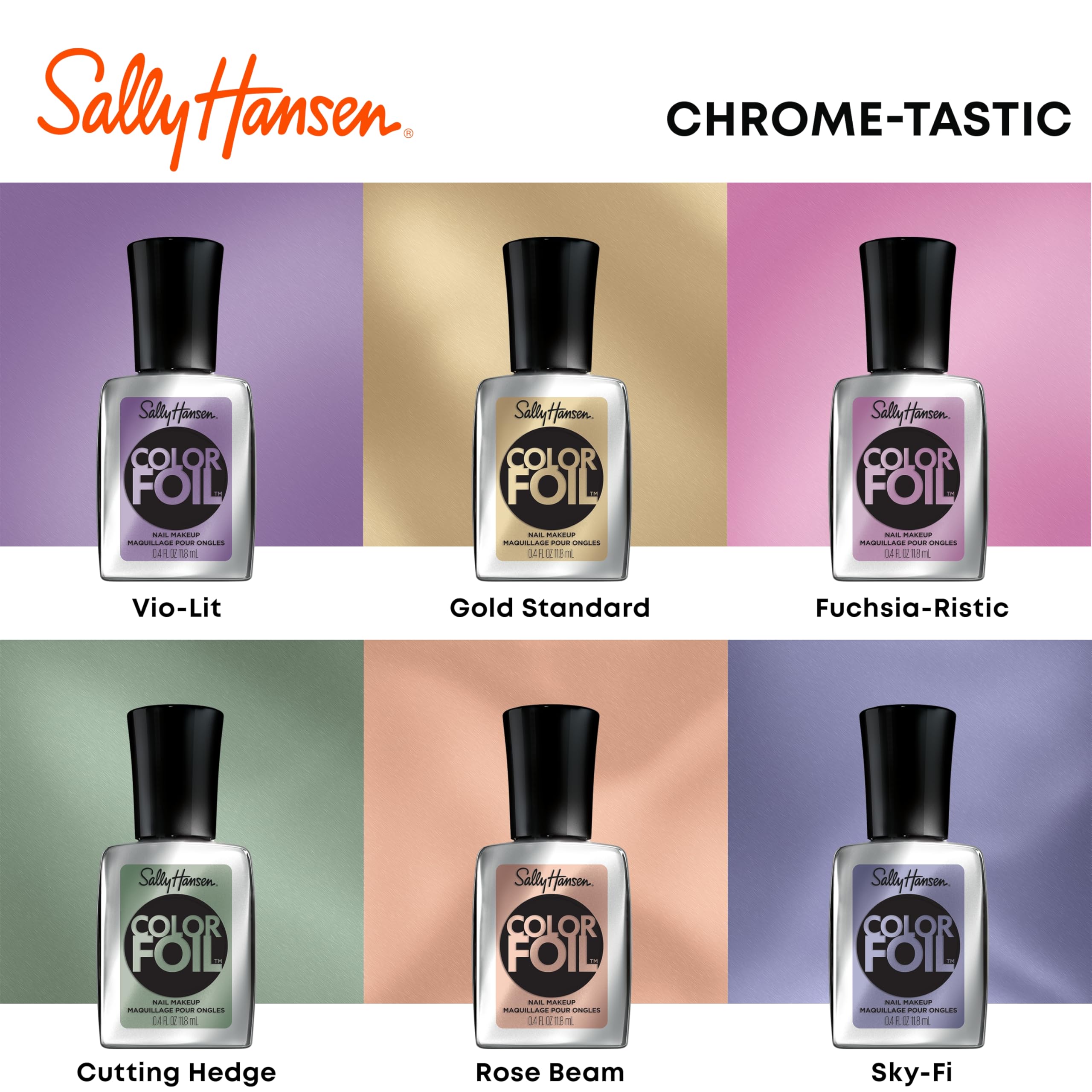 Sally Hansen Gold Standard worn on nails in a lifestyle setting highlighting mirror chrome glam look