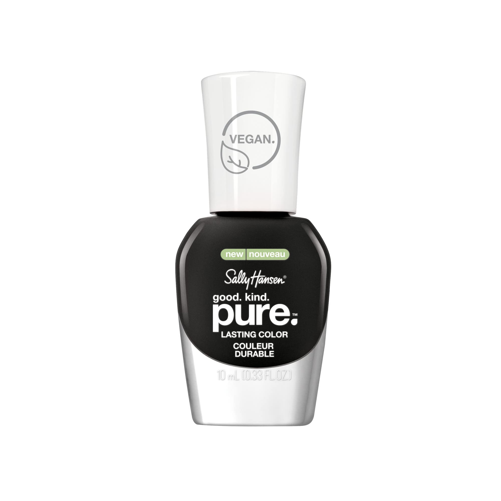 Sally Hansen bottle front view showing Black Stone shade and clean packaging benefit