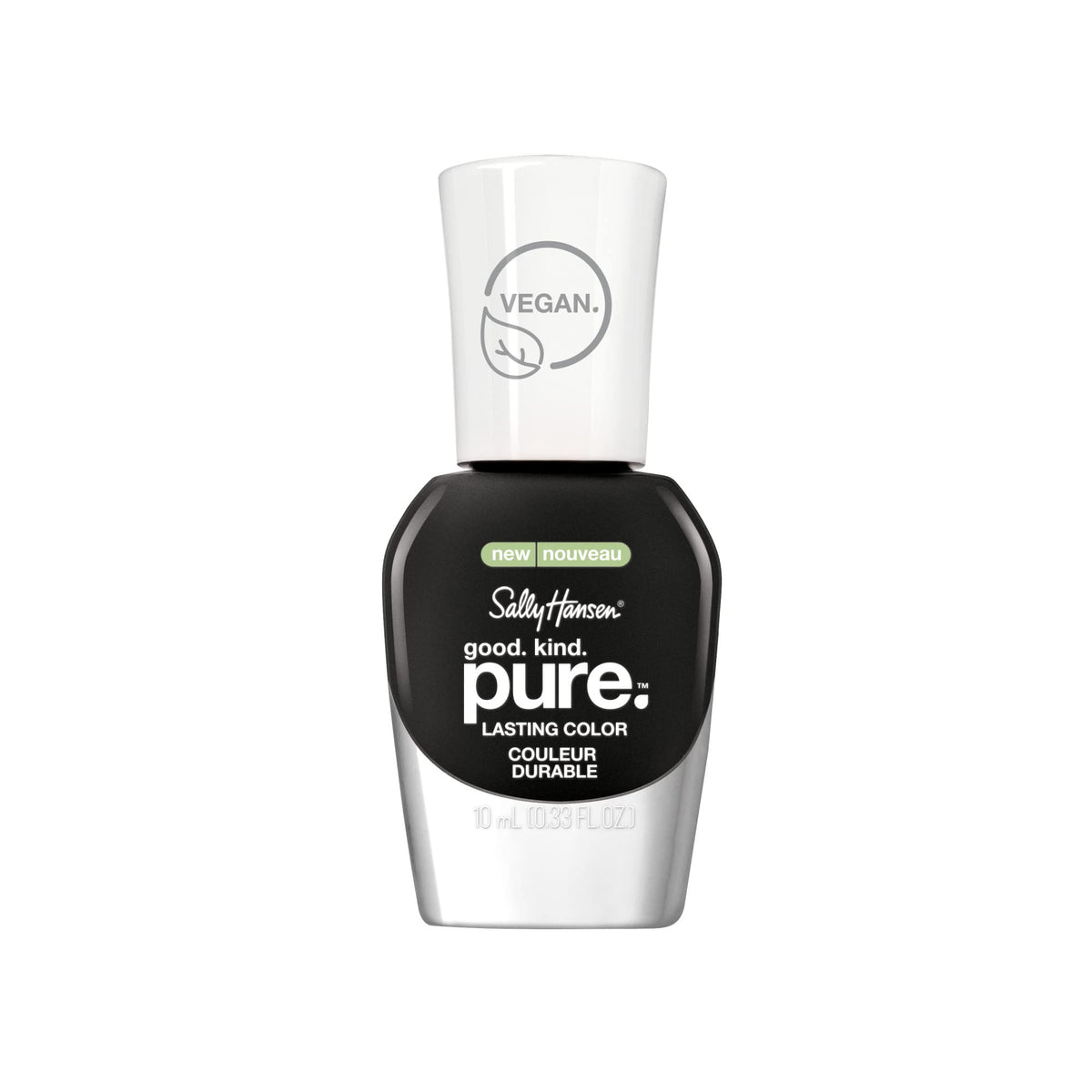 Sally Hansen bottle front view showing Black Stone shade and clean packaging benefit