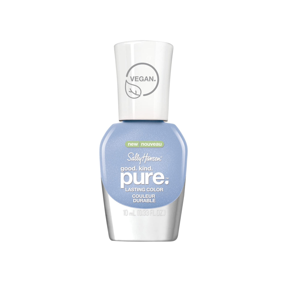Sally Hansen front bottle of Crystal Blue showing color and label benefit clean beauty