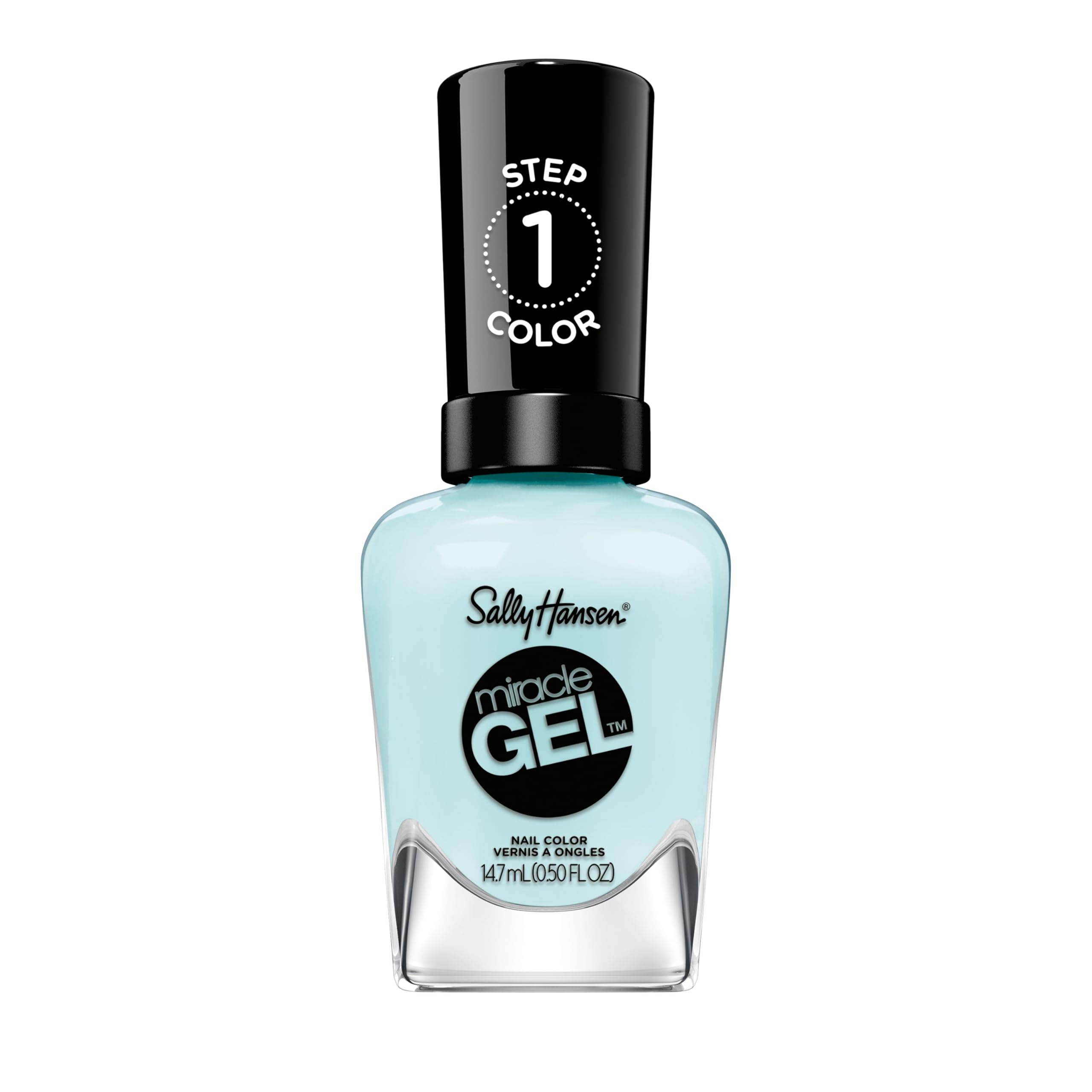 Sally Hansen front bottle showing vibrant Grand Cyan blue and glossy finish