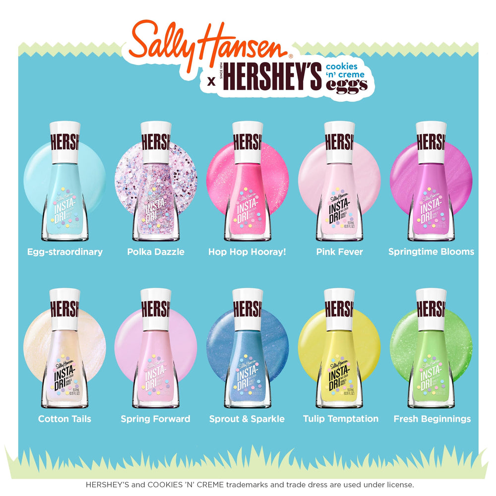 Sally Hansen flatlay with pastel decorations showcasing seasonal Hershey collaboration