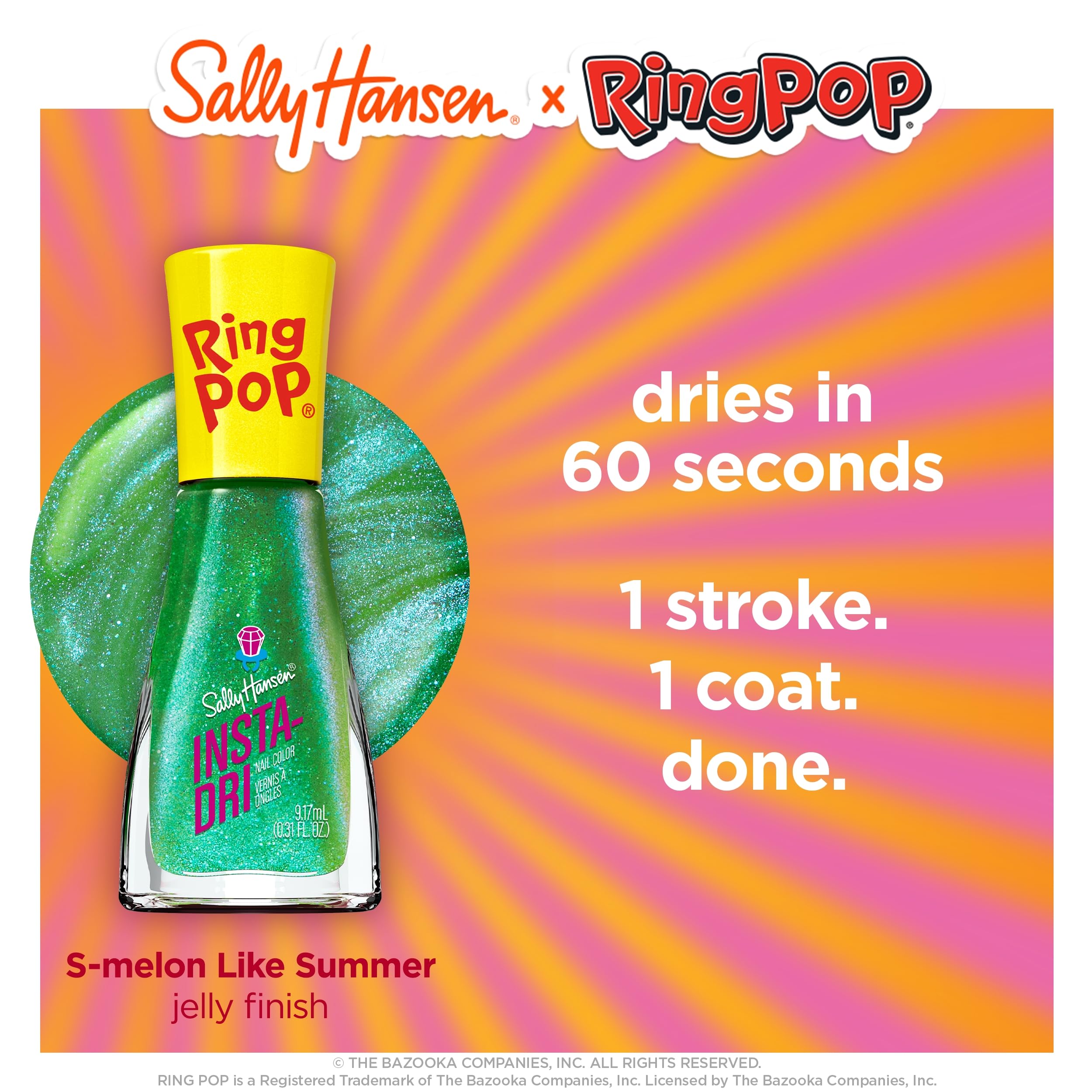 Sally Hansen bottle label angled view highlighting Insta-Dri branding and benefits