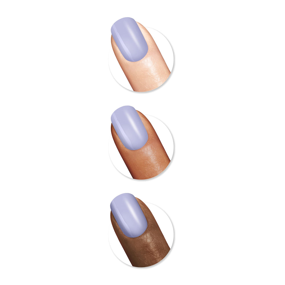 Sally Hansen swatches on hand displaying opaque purple color payoff