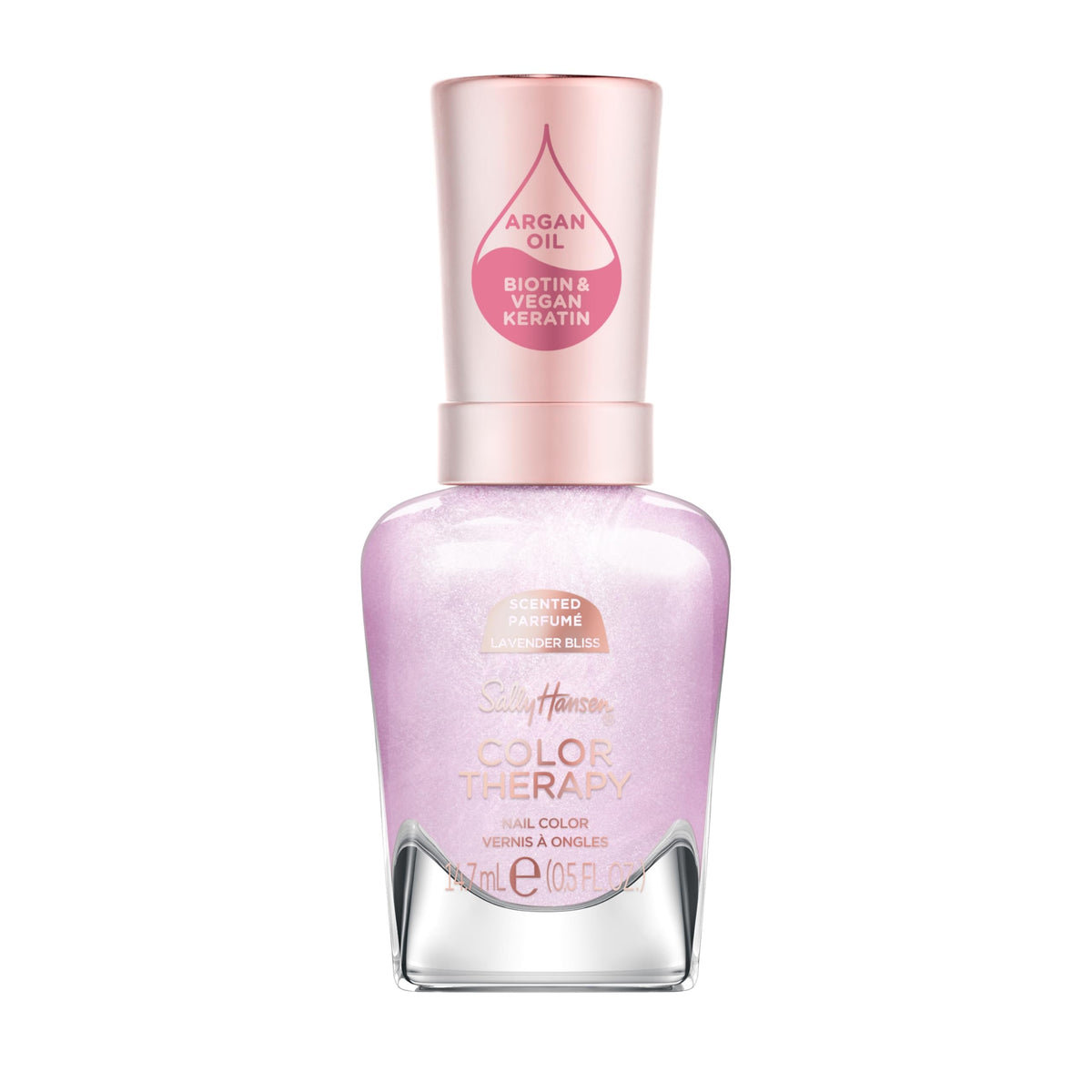 Sally Hansen bottle front showing lavender color and glossy finish benefits