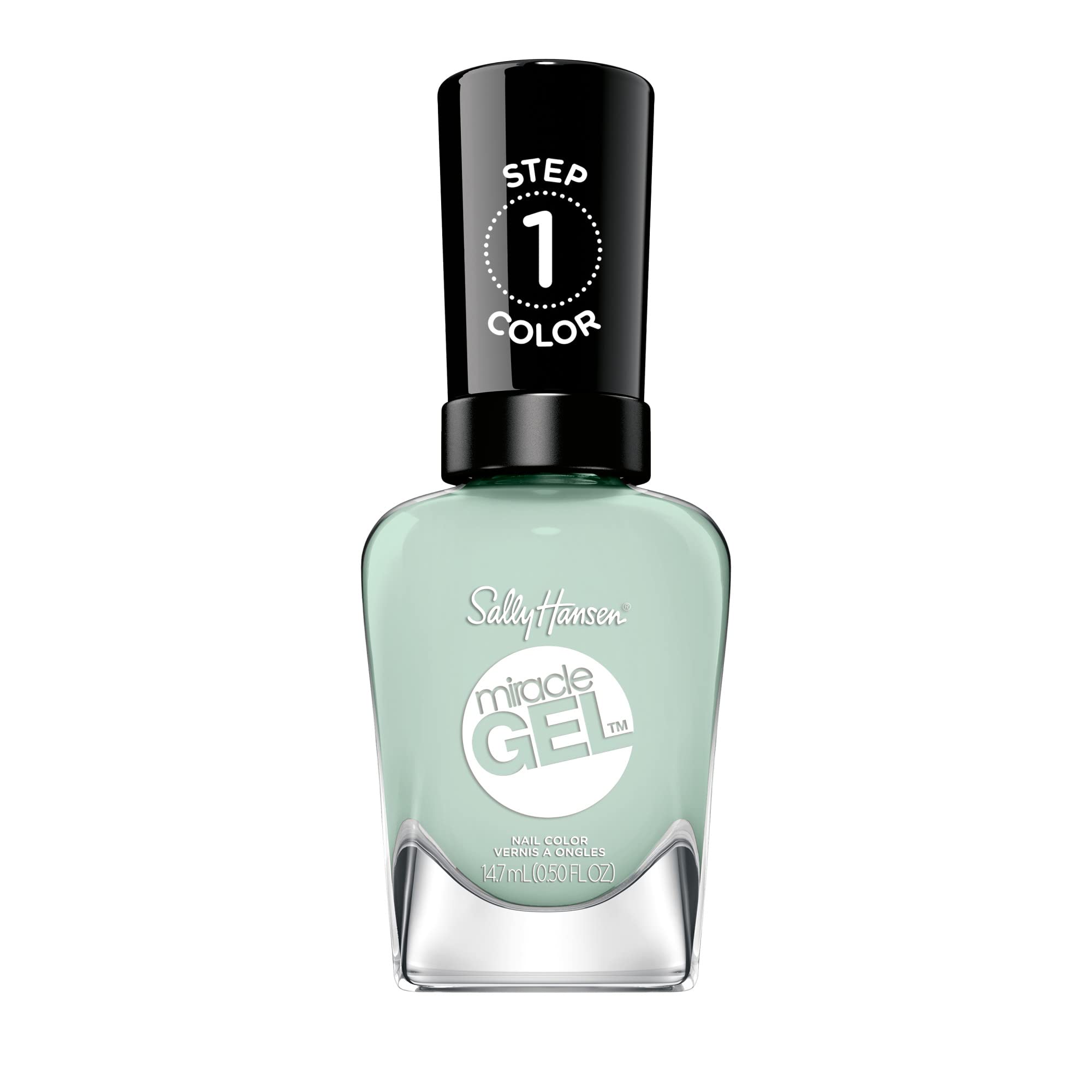 Sally Hansen bottle front view showing sage polish and glossy finish