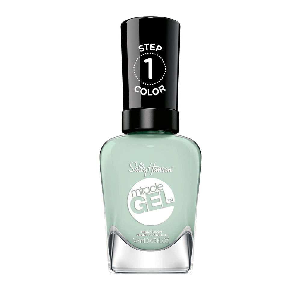 Sally Hansen bottle front view showing sage polish and glossy finish