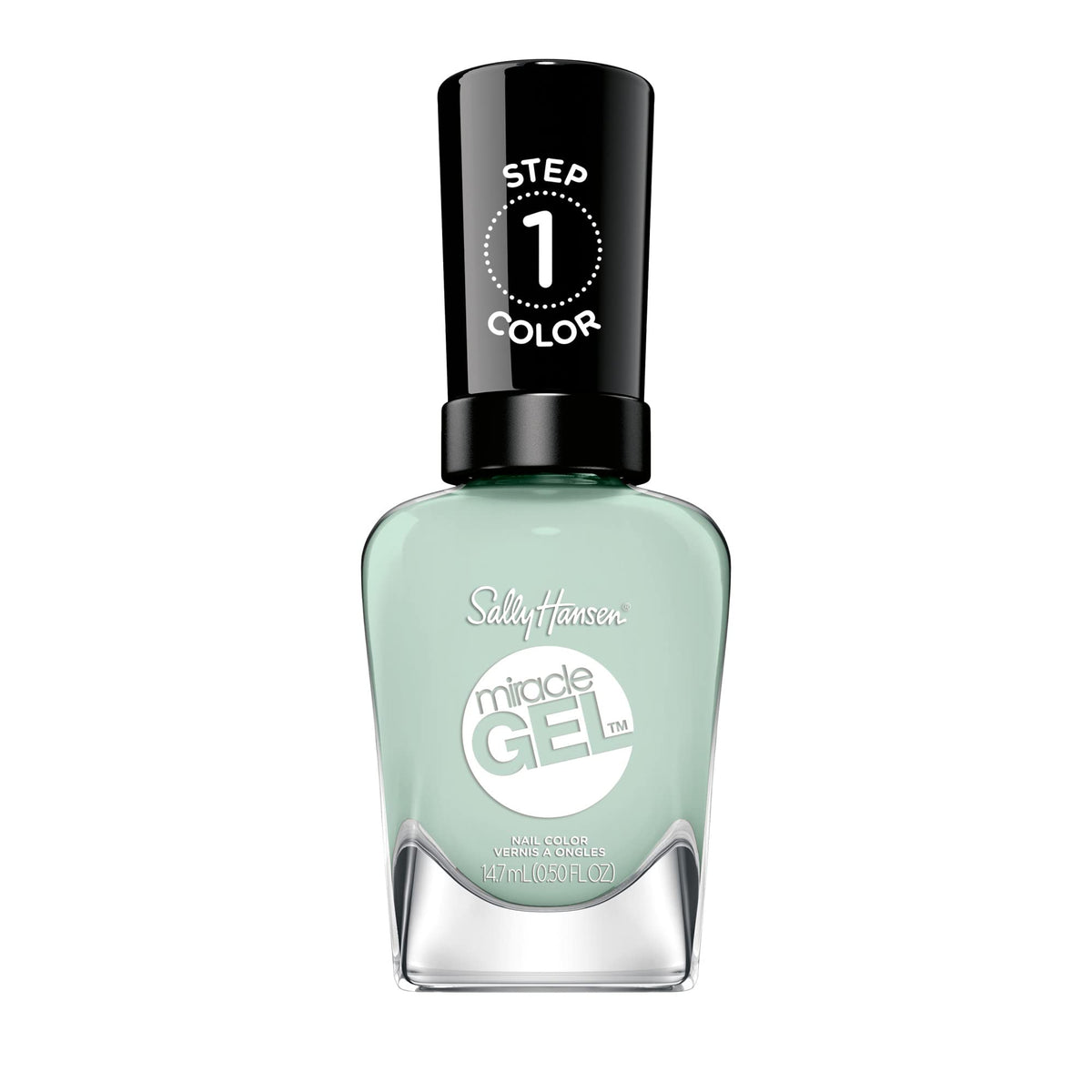 Sally Hansen bottle front view showing sage polish and glossy finish