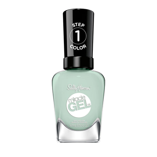 Sally Hansen bottle front view showing sage polish and glossy finish