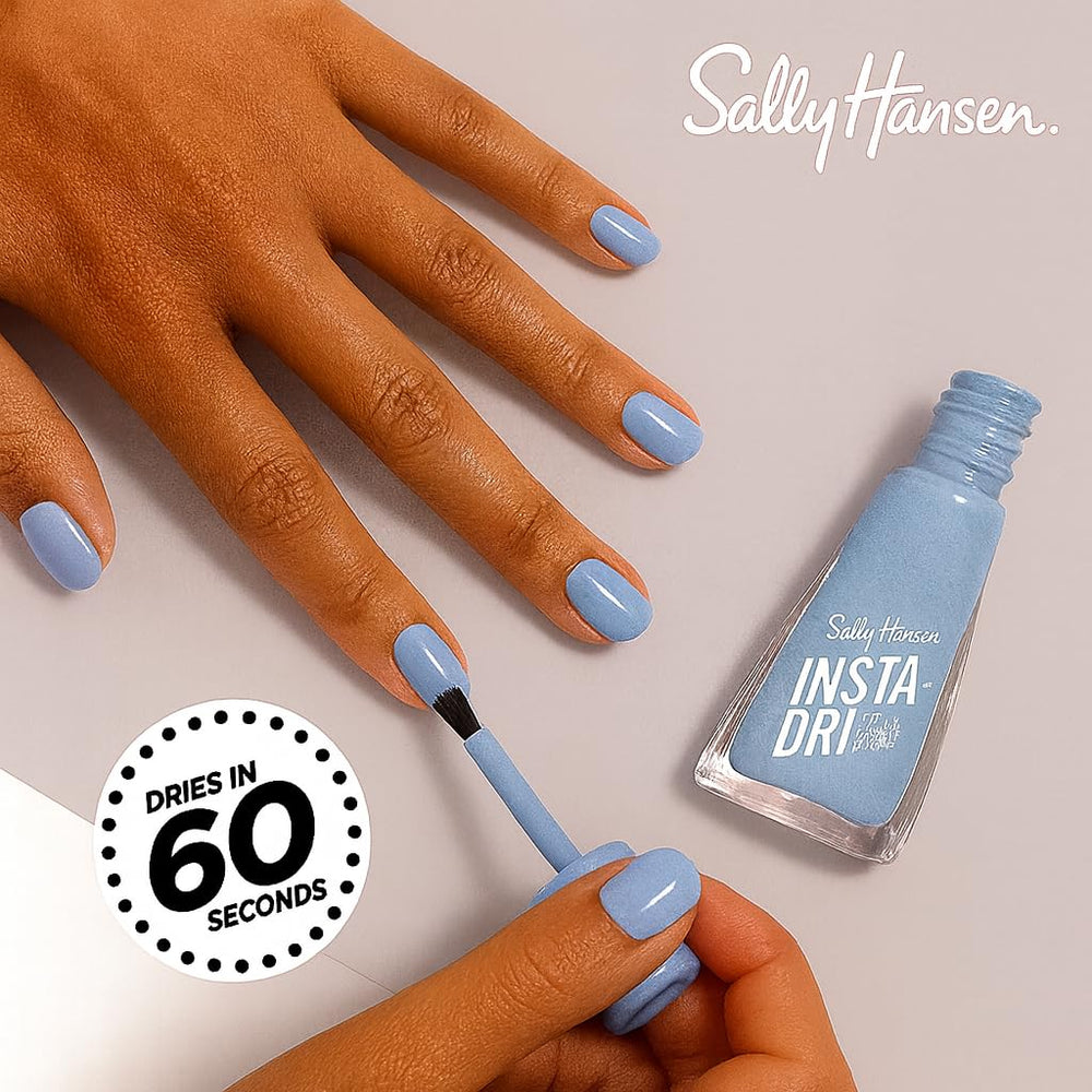 Sally Hansen Maliblue Twist bottle held in hand to show compact size and travel-friendly benefit