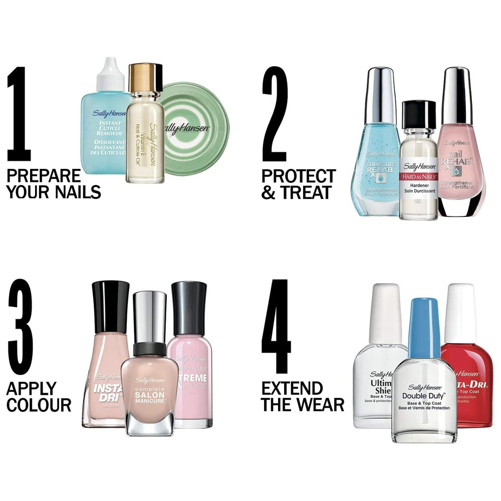 Sally Hansen bottle held in hand indicating compact travel-friendly size