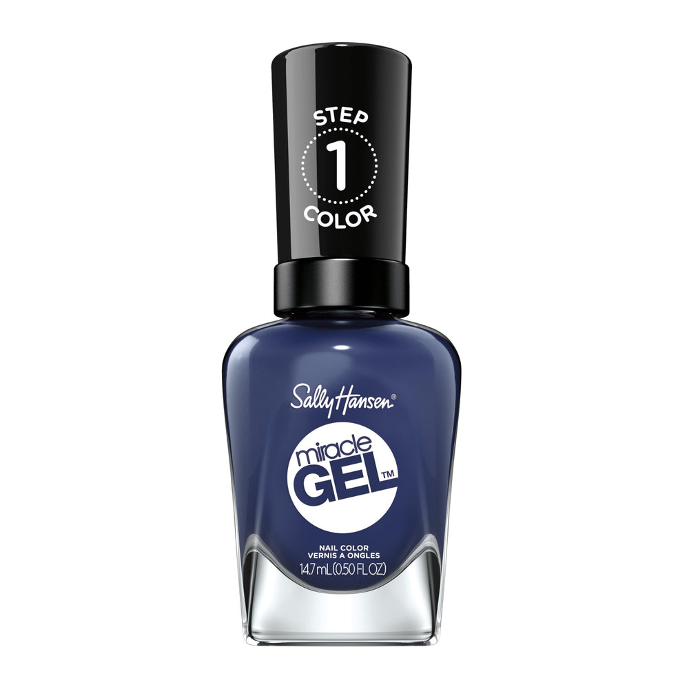 Sally Hansen bottle front view showing deep navy color and glossy finish
