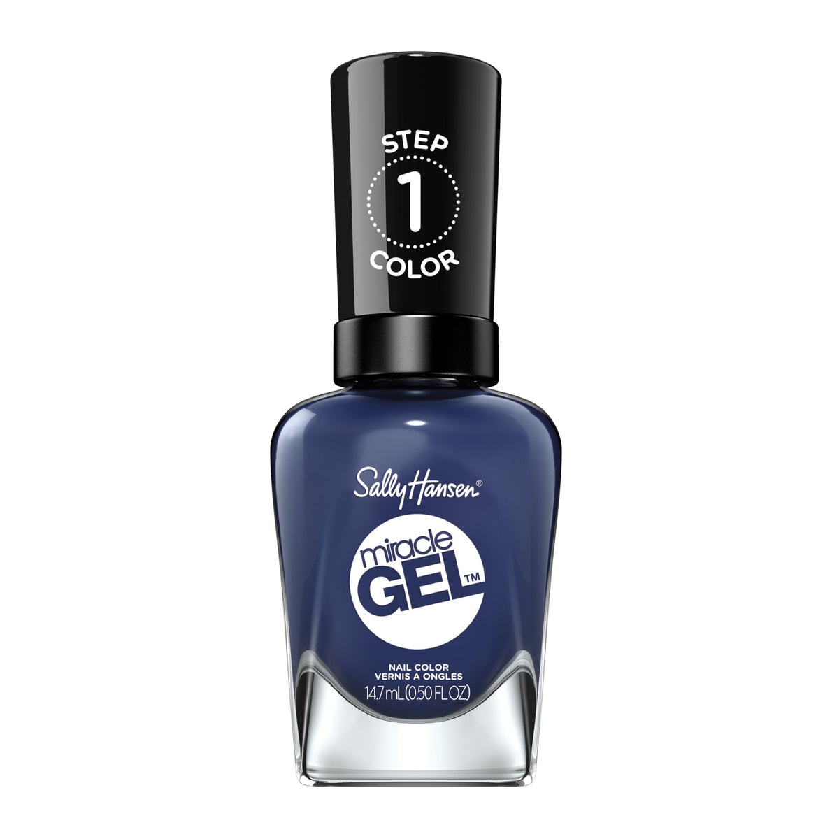 Sally Hansen bottle front view showing deep navy color and glossy finish