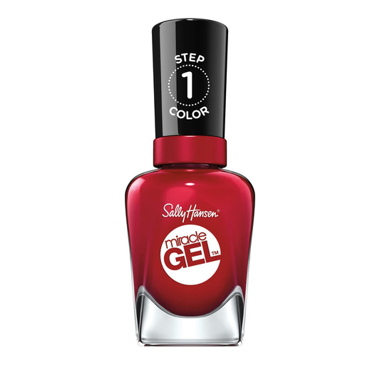 Sally Hansen front bottle view showing rich burgundy color and label benefit