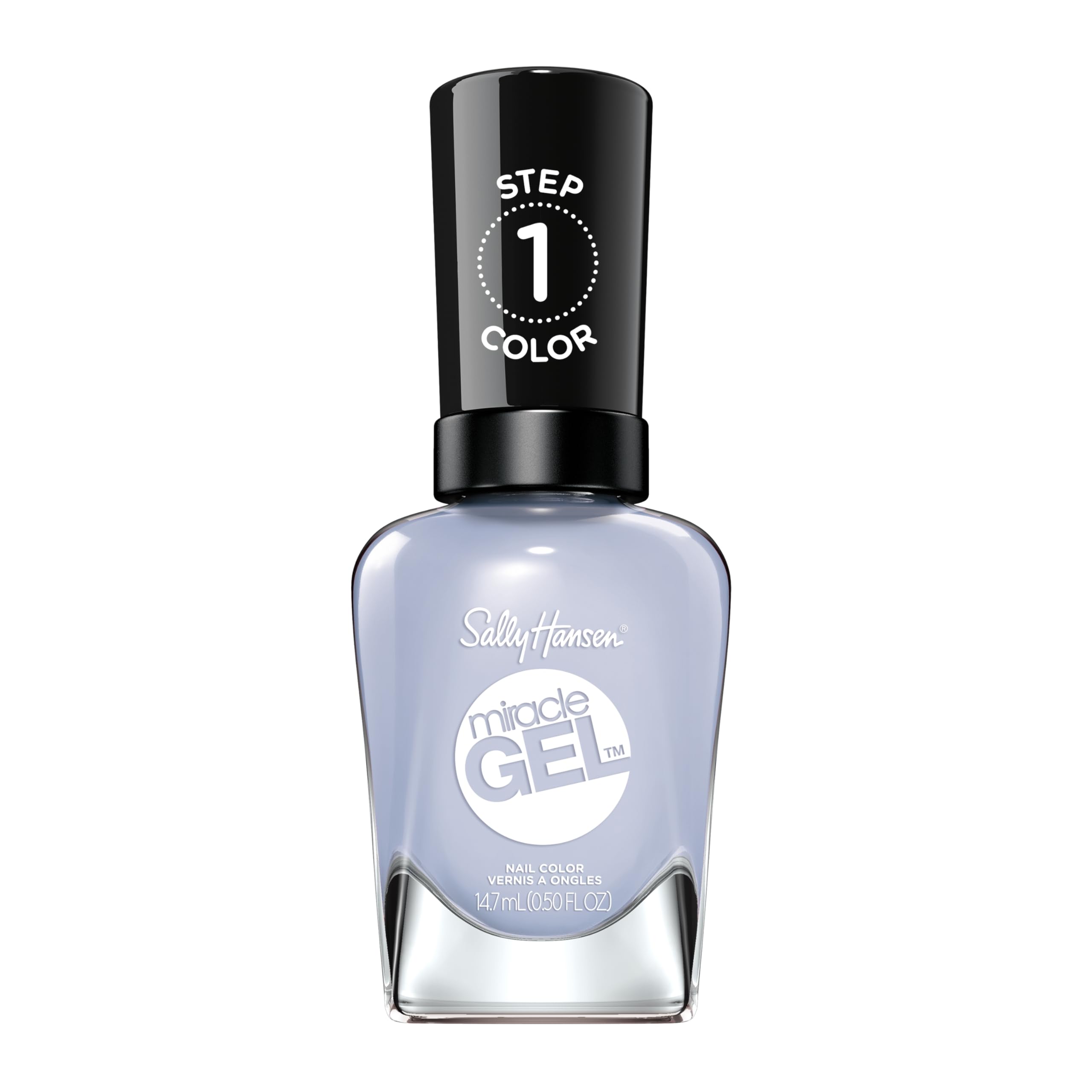 sally hansen bottle front view showing pale violet shade and glossy finish benefit
