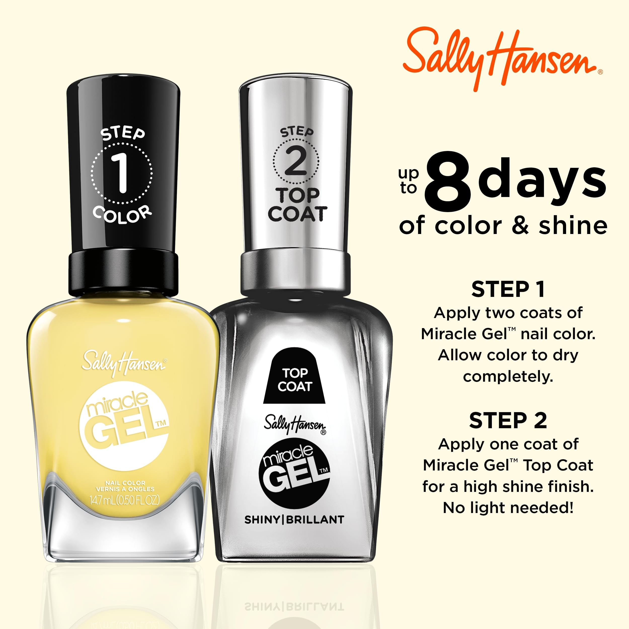Sally Hansen brush applying smooth yellow polish demonstrating even coverage benefit