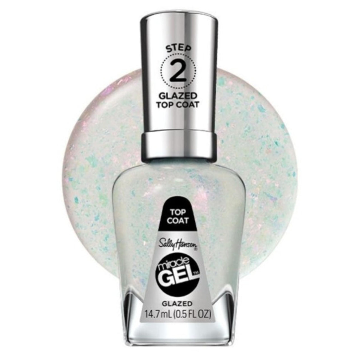 Sally Hansen bottle front view showing glazed pearlescent finish benefit