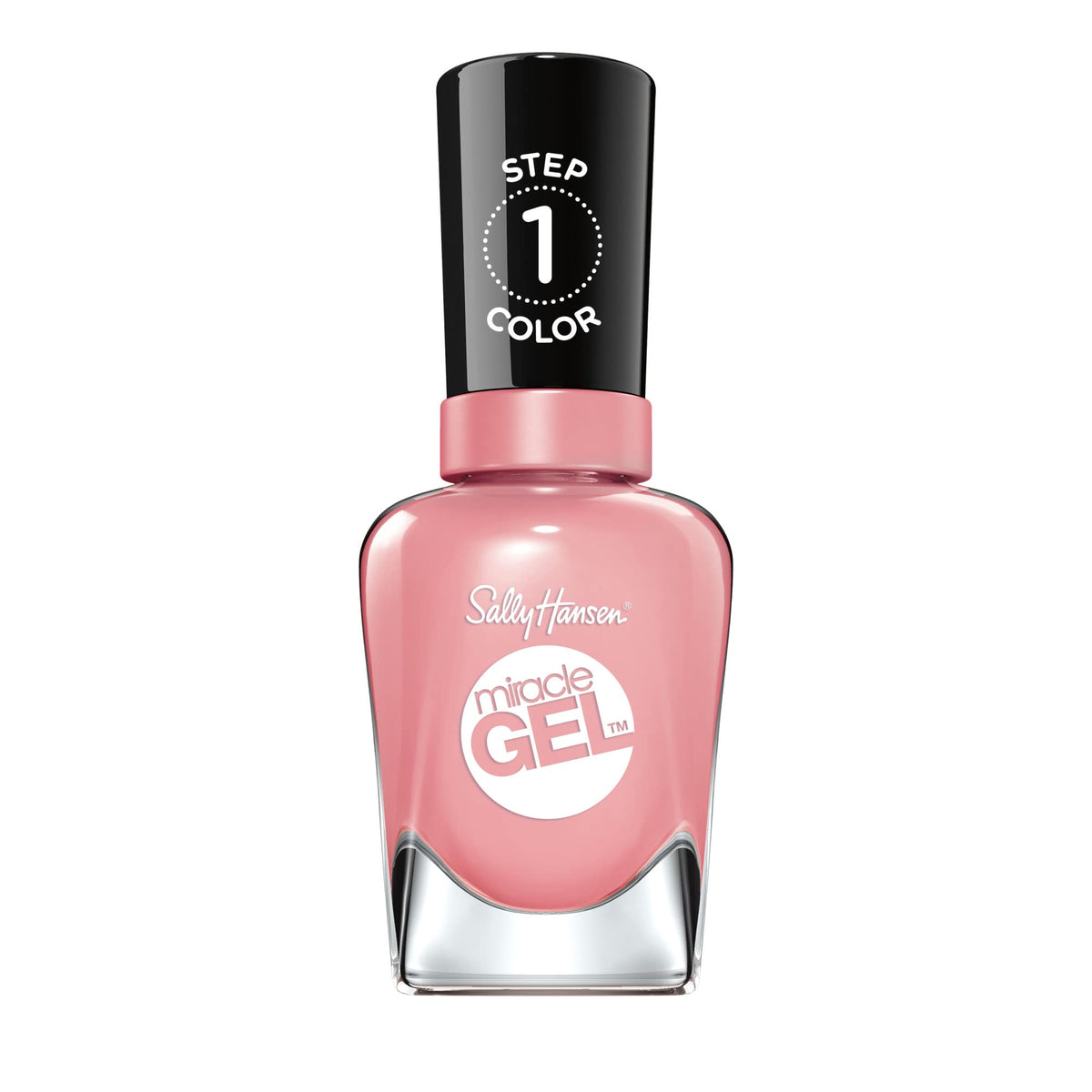 Sally Hansen bottle front showing 245 Satel-Lite Pink and glossy finish benefit