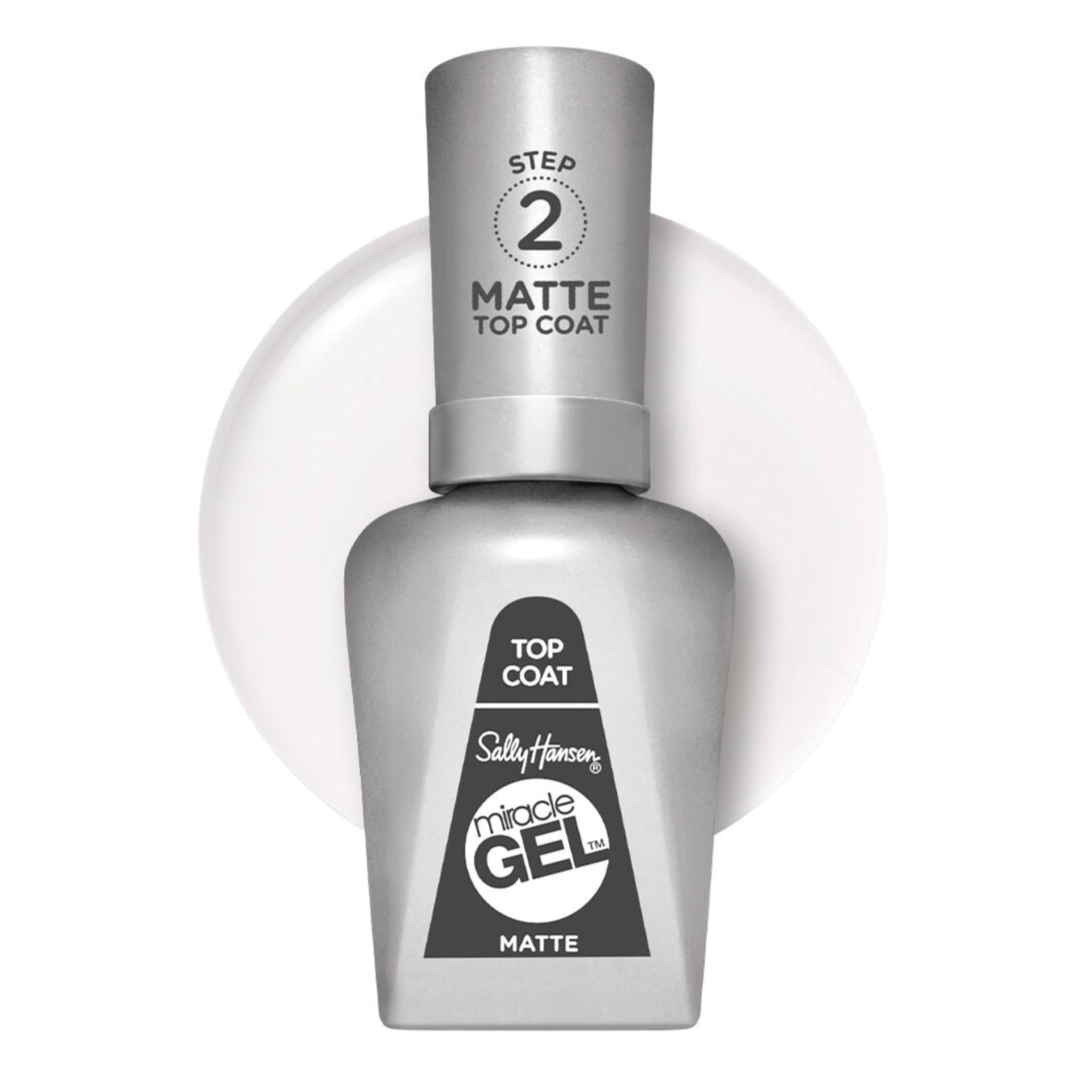 Sally Hansen Miracle Gel matte top coat front packaging showing product clarity and durability