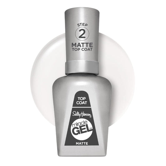 Sally Hansen Miracle Gel matte top coat front packaging showing product clarity and durability