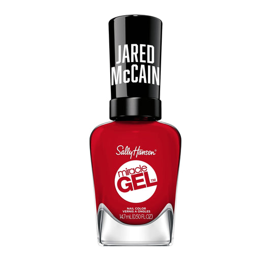 Sally Hansen Miracle Gel bottle front view showing vibrant Rookie Red and clear branding